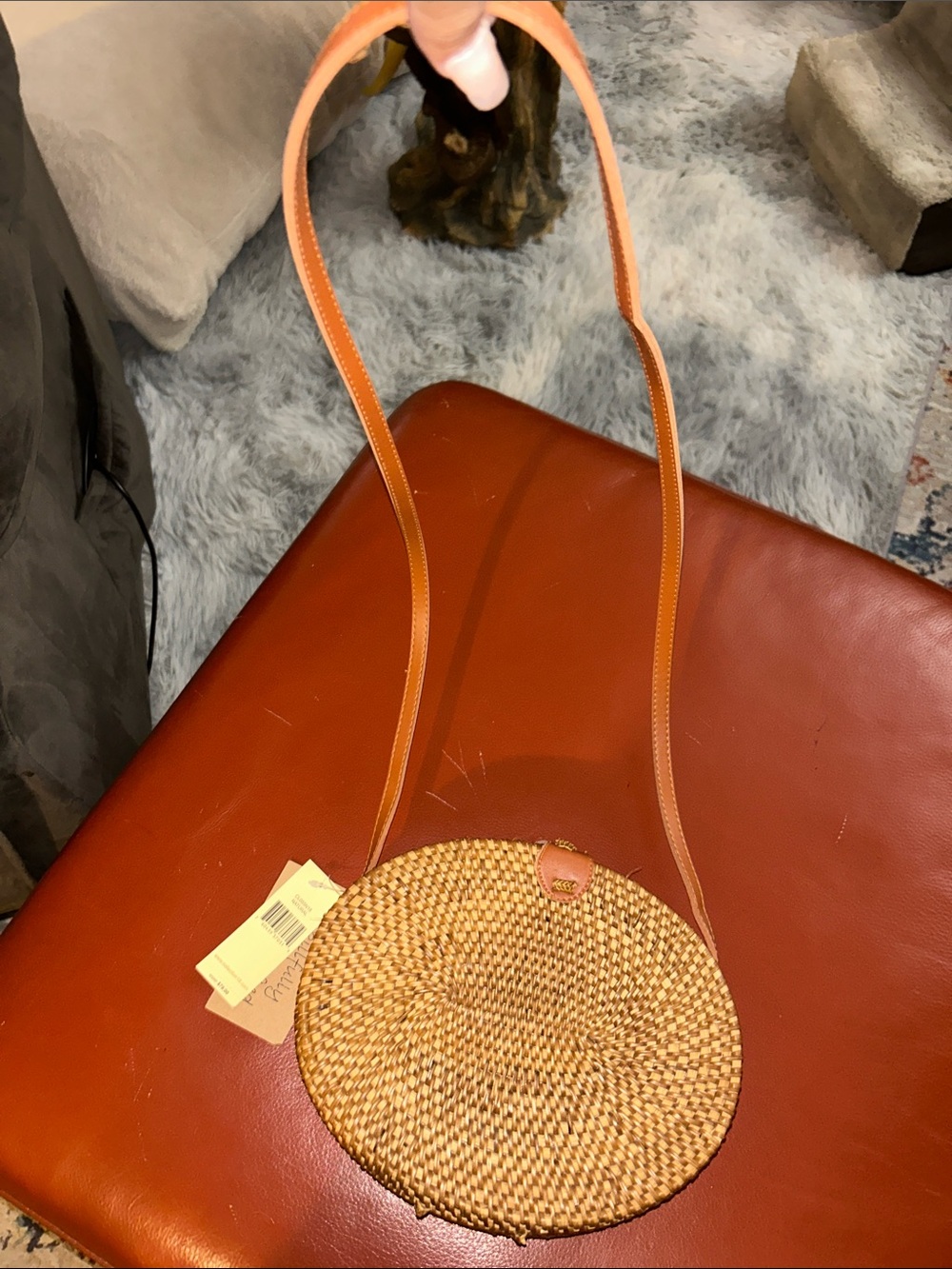Hand Woven ATA grass Round Straw Crossbody Bag - Tan from Bali - Picture 9 of 10